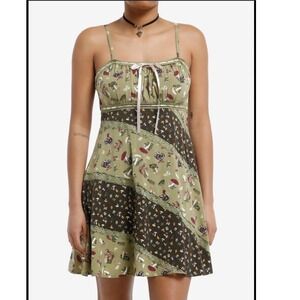 THORN & FABLE | Mushroom Squirrel Woodland Floral Split Patchwork Mini Dress, M